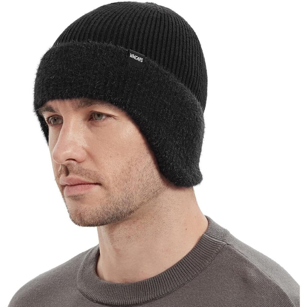 Unisex Black Fleece Thermal Lined Knit Warm Earflap Winter Classic Stocking Cap